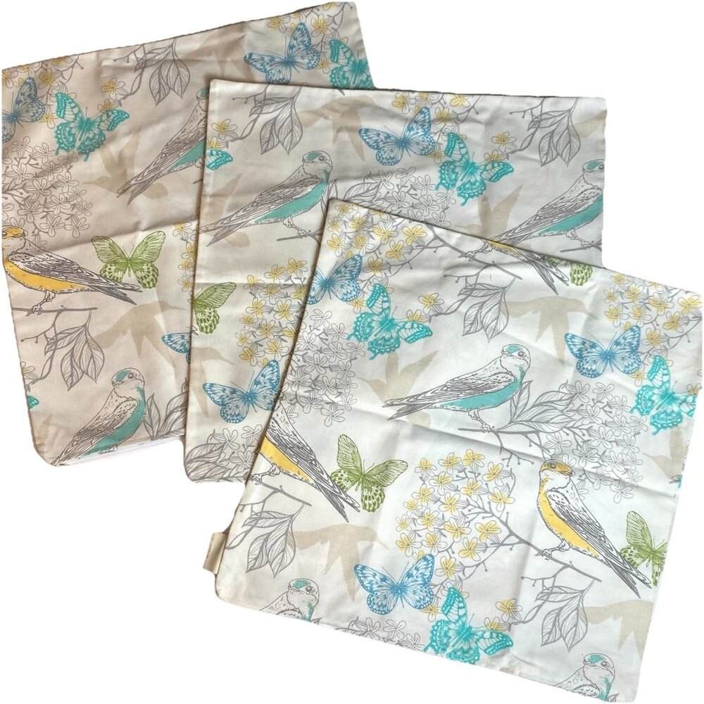 Bird Pillow Cover Slips - Set of 3 - 100% Cotton Zip Closure - Fits 20x20 Pillow